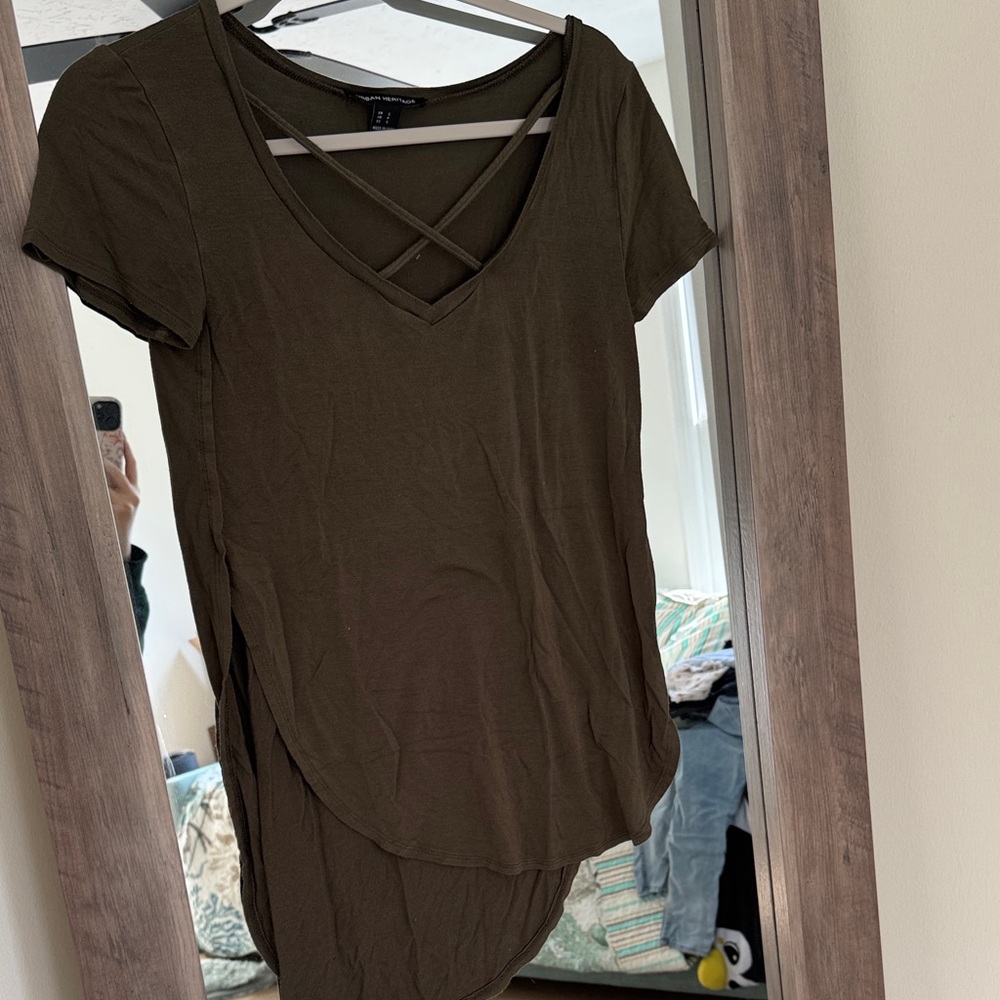 Urban Heritage Olive V-Neck Tee with Crisscross Detail